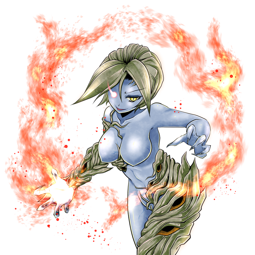 alexia_ashford blue_skin breasts curvy erect_nipples evil female fire highres looking_at_viewer monster_girl resident_evil resident_evil_code_veronica yellow_eyes