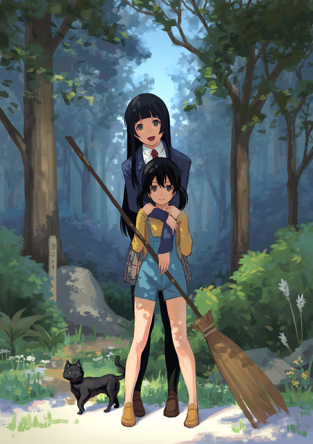 :d animal arm_holding bangs bare_legs behind_another black_cat black_hair black_legwear blazer broom brown_footwear bush cat chito_(flying_witch) closed_mouth collared_shirt dappled_sunlight dress_shirt flying_witch grass green_eyes hand_on_another's_arm height_difference highres holding holding_broom hug hug_from_behind jacket kowata_makoto kuramoto_chinatsu legs_apart loafers long_hair long_sleeves looking_at_viewer md5_mismatch miniskirt multiple_girls necktie open_mouth outdoors overalls pantyhose pinakes plaid plaid_skirt pleated_skirt red_neckwear rock school_uniform shade shirt shoes skirt smile standing sunlight tree twintails white_shirt yellow_footwear