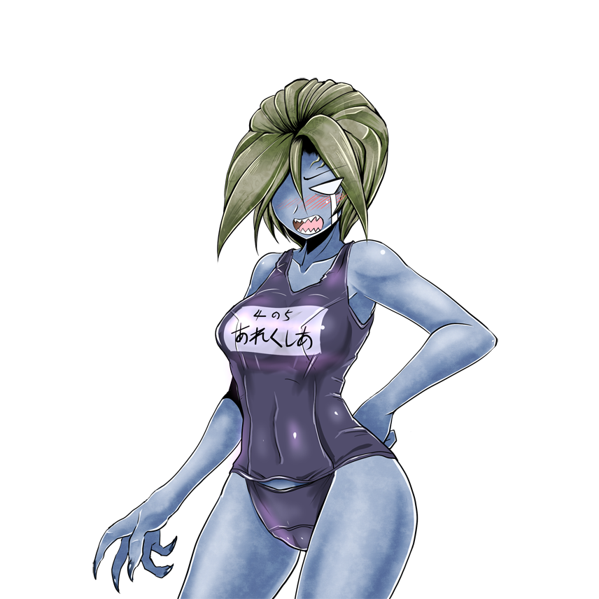 alexia_ashford angry blue_skin breasts curvy erect_nipples fangs female highres monster_girl one-piece_swimsuit resident_evil resident_evil_code_veronica swimsuit
