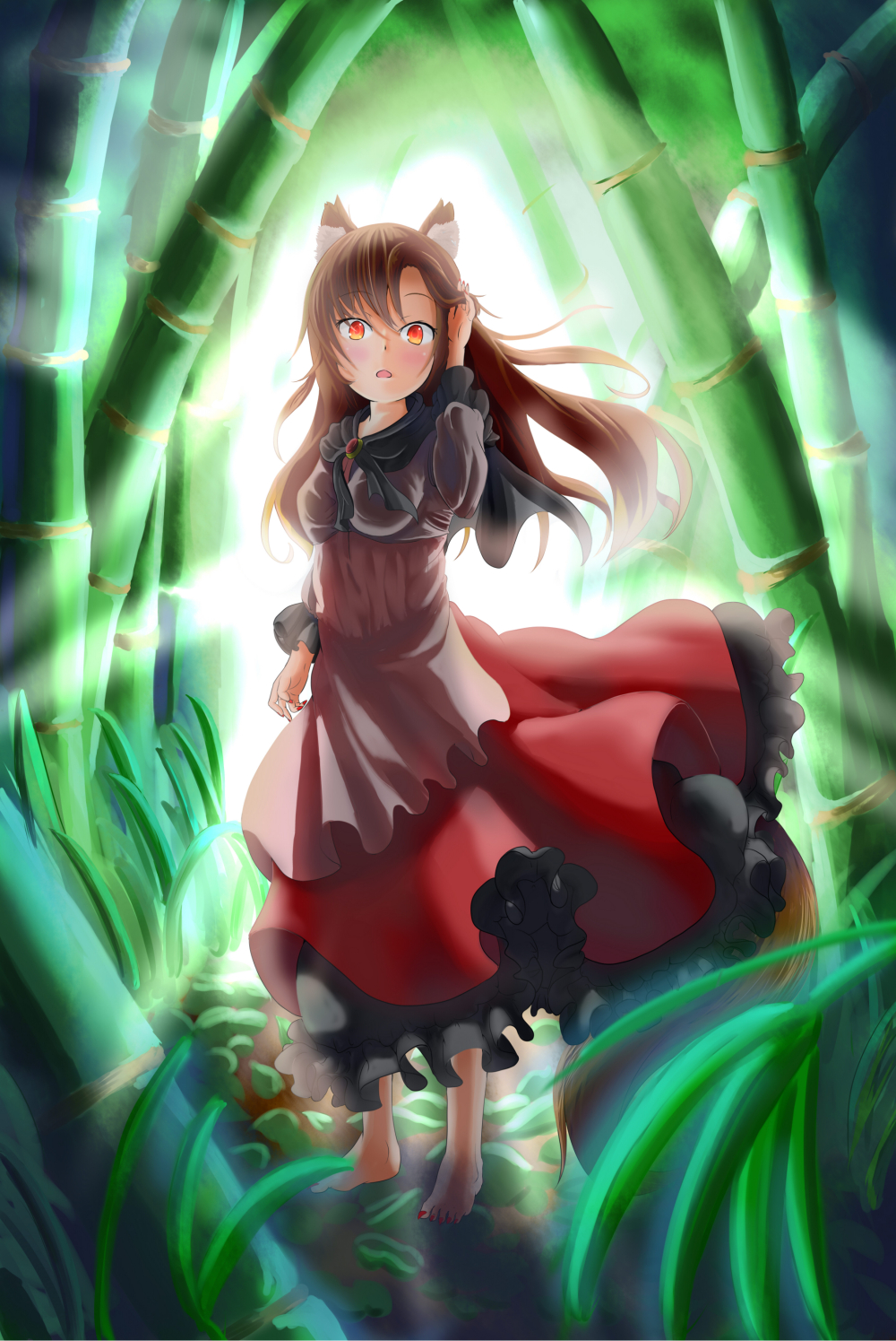 animal_ears bamboo bamboo_forest brooch brown_hair dress fingernails forest hand_on_head highres imaizumi_kagerou jewelry long_sleeves looking_at_viewer misoni_(kemona9) nail_polish nature open_mouth red_eyes red_nails solo tail touhou wide_sleeves wolf_ears wolf_tail