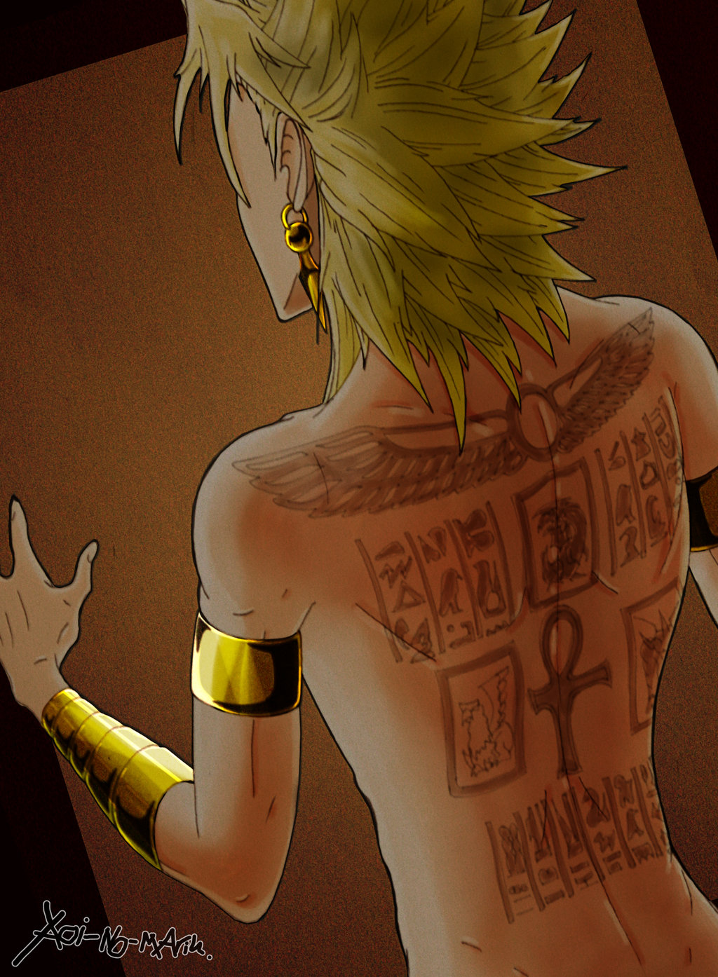 blonde_hair earring egypt jewelry male_focus marik_ishtar scar shirtless short_hair solo tan tattoo wristband yami_marik yu-gi-oh! yuu-gi-ou_duel_monsters