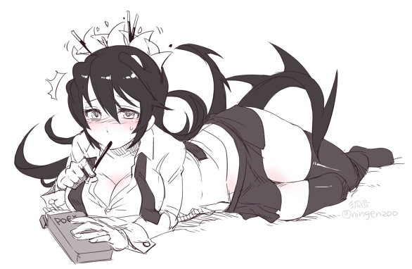 blush breasts cleavage commentary eating fangs filia_(skullgirls) food food_in_mouth hips ko-on_(ningen_zoo) large_breasts long_hair looking_at_viewer lying midriff monochrome open_clothes open_shirt pocky samson_(skullgirls) school_uniform shirt skirt skullgirls solo spot_color surprised sweatdrop tentacle_hair thighhighs twitter_username