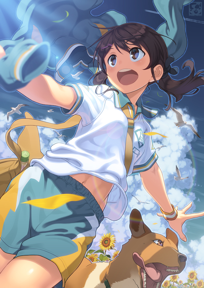 animal aoi_sora_(pairan) bag blue_sky blush brown_eyes brown_hair cloud commentary_request day dog from_below long_hair messenger_bag navel open_mouth original pairan polo_shirt shirt shorts shoulder_bag sky smile solo twintails white_shirt wind