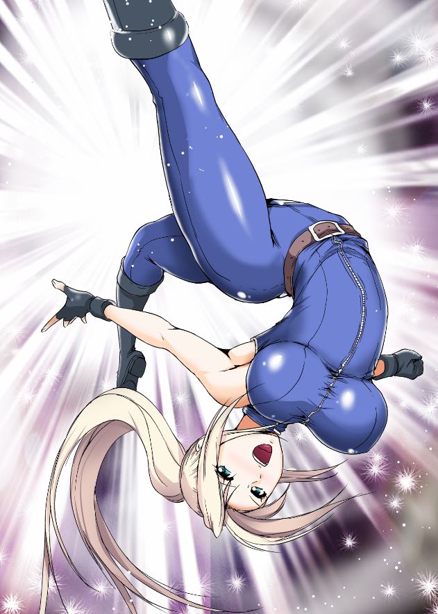 aoiakira553 arched_back blonde_hair blue_eyes bodysuit boots breasts clenched_hand fingerless_gloves full-length_zipper gloves incoming_attack knee_boots large_breasts long_hair open_mouth ponytail sarah_bryant solo sparkle_background speed_lines taut_clothes upside-down virtua_fighter zipper