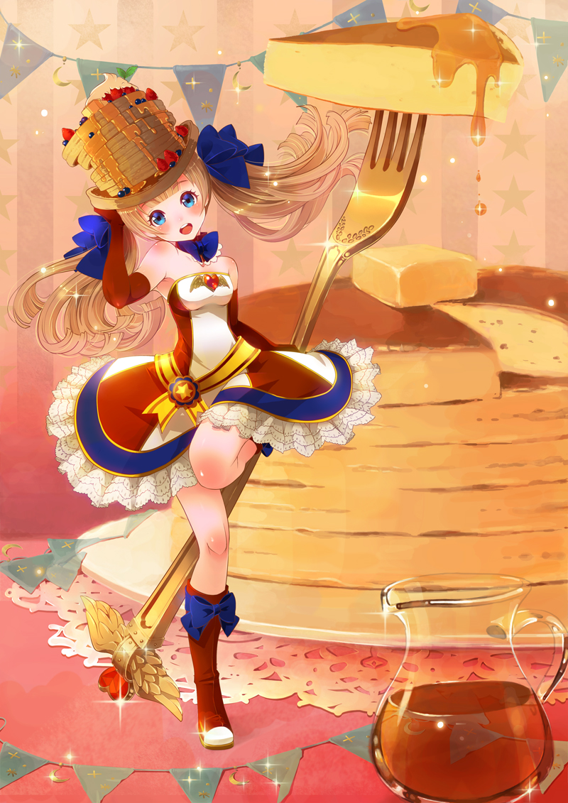 :d blue_bow blue_eyes blueberry boots bow brown_footwear brown_gloves brown_hair butter elbow_gloves food food_themed_clothes fork fruit full_body gloves hair_bow hat knee_boots long_hair looking_at_viewer minigirl morinaga_(brand) open_mouth original oversized_object pancake personification plate sakura_(superbunnys) skirt smile solo standing standing_on_one_leg strawberry syrup twintails