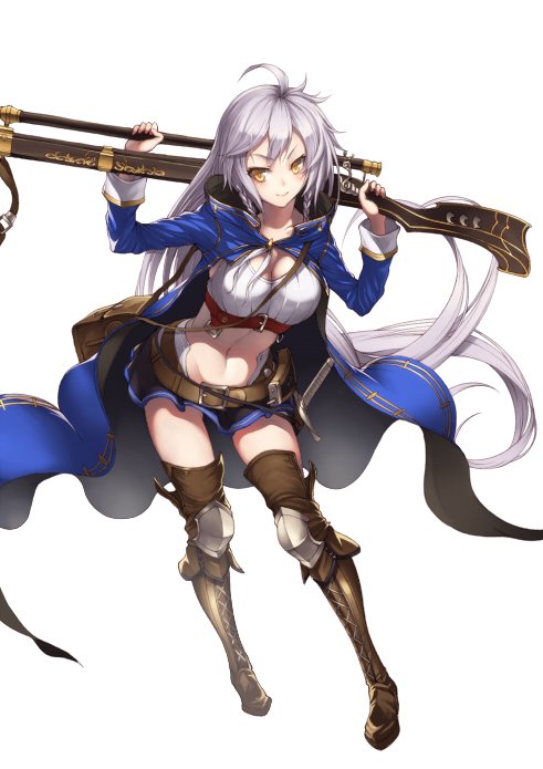 &gt;:) ahoge bad_id bad_twitter_id banned_artist belt blue_skirt braid breasts brown_footwear cape cleavage full_body granblue_fantasy gun hair_between_eyes kyoeiki large_breasts leaning_forward long_hair looking_at_viewer midriff miniskirt over_shoulder rifle silva_(granblue_fantasy) silver_hair skirt smile sniper_rifle solo twin_braids v-shaped_eyebrows very_long_hair wavy_hair weapon weapon_over_shoulder yellow_eyes