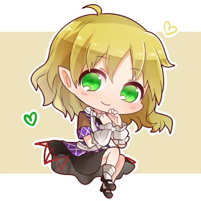 ahoge arm_warmers black_skirt blonde_hair chibi eyebrows eyebrows_visible_through_hair fukurahagi_uomaru full_body green_eyes heart light_brown_background looking_at_viewer mary_janes mizuhashi_parsee pointy_ears scarf shoes simple_background skirt smile socks solo touhou