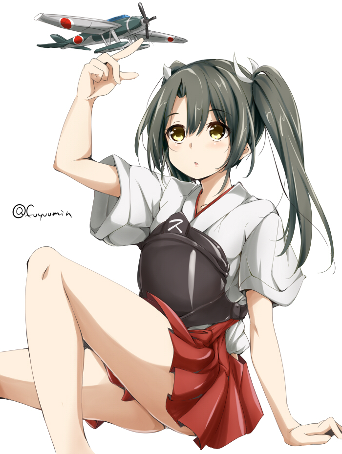 aircraft airplane black_hair e16a_zuiun fuyu_mi green_eyes green_hair hair_ribbon hakama_skirt japanese_clothes kantai_collection long_hair muneate pleated_skirt red_skirt ribbon simple_background sitting skirt solo twintails twitter_username white_background white_ribbon zuikaku_(kantai_collection)
