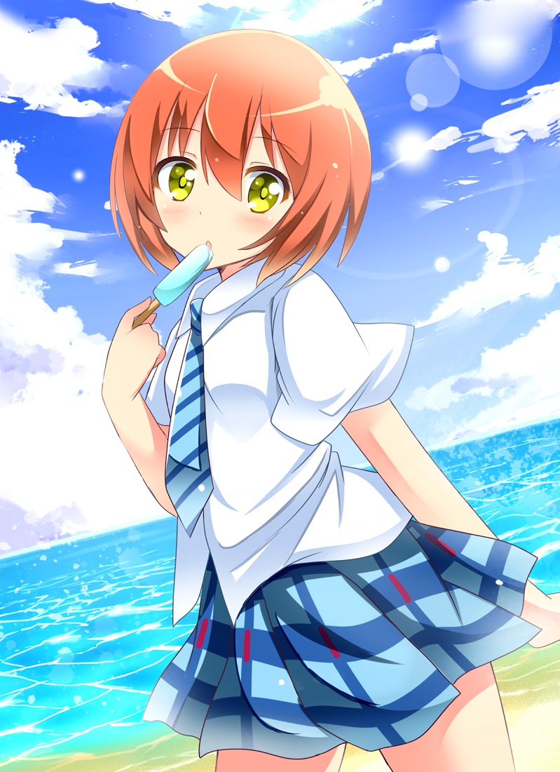 bad_id bad_pixiv_id beach blush cloud day diagonal_stripes eating food holding hoshizora_rin looking_at_viewer love_live! love_live!_school_idol_project necktie ocean orange_hair outdoors plaid plaid_skirt pleated_skirt popsicle shinekalta short_hair short_sleeves skirt sky solo striped striped_neckwear yellow_eyes