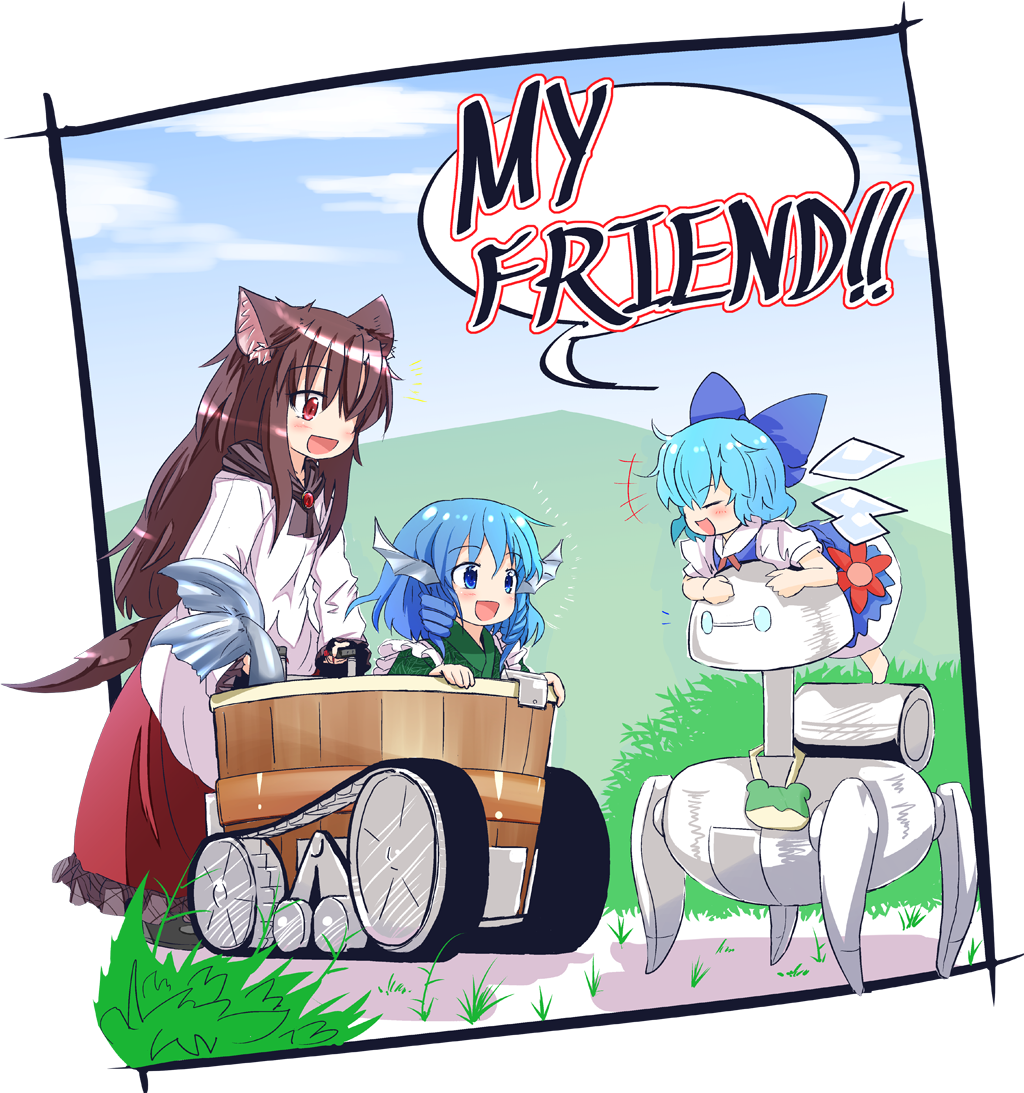 3girls animal_ears barefoot blue_dress blue_eyes blue_hair bow brooch brown_hair caterpillar_tracks cirno closed_eyes commentary dress drill_hair flower frilled_kimono frills hair_bow head_fins ice ice_wings imaizumi_kagerou japanese_clothes jewelry kimono long_hair mermaid monster_girl mountain multiple_girls open_mouth outdoors puffy_short_sleeves puffy_sleeves red_eyes red_flower red_skirt robot short_hair short_sleeves skirt smile tail touhou twin_drills wakasagihime wings wolf_ears wolf_tail yamagata_hideto