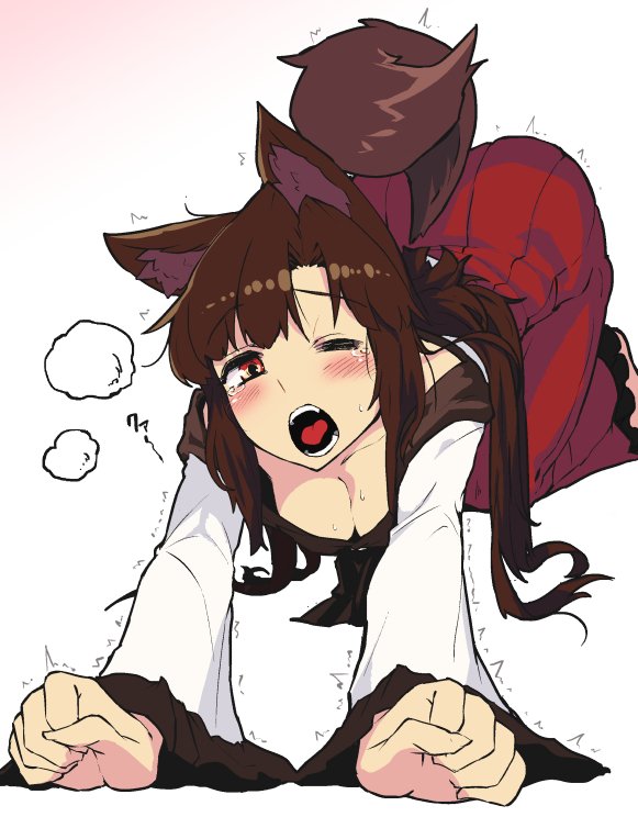 all_fours animal_ears blouse breasts brown_hair cleavage downblouse imaizumi_kagerou long_hair long_sleeves looking_at_viewer medium_breasts one_eye_closed open_mouth red_eyes shirt skirt solo stretch sweat tail taketora_suzume tears top-down_bottom-up touhou trembling white_blouse wide_sleeves wolf_ears wolf_tail yawning