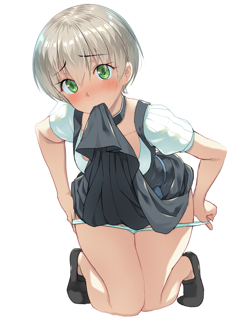 blush body_mahattaya_ginga green_eyes kantai_collection kneeling looking_at_viewer mouth_hold panties panty_pull short_hair silver_hair simple_background skirt skirt_in_mouth skirt_lift solo underwear white_background z1_leberecht_maass_(kantai_collection)