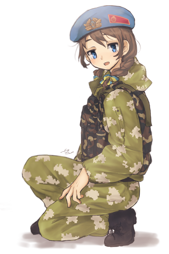 ankle_boots beret blue_eyes blue_hat blush boots brown_eyes brown_footwear brown_hair camouflage full_body hat klmk_(camo) long_sleeves looking_at_viewer military military_uniform msc_nm one_knee original short_hair simple_background solo ukraine ukrainian_flag uniform vdv white_background
