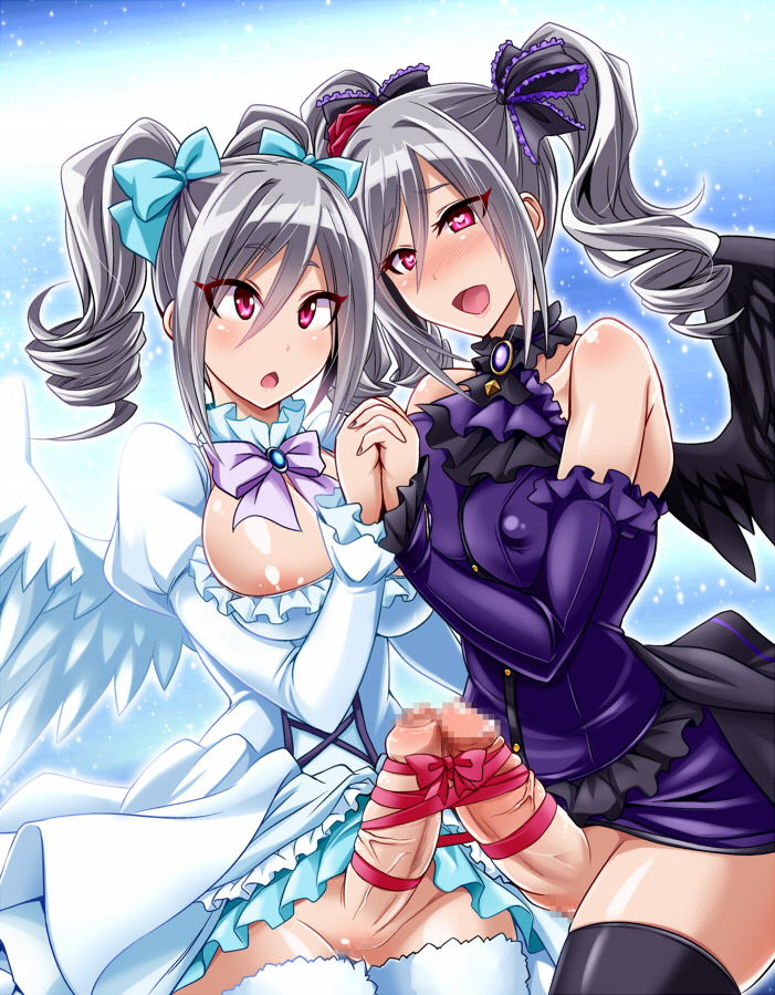 :d angel_wings areola_slip areolae black_legwear black_vs_white black_wings blush breasts censored covered_nipples detached_sleeves drill_hair dual_persona erection feathered_wings foreskin futa_with_futa futanari heart heart-shaped_pupils holding_hands idolmaster idolmaster_cinderella_girls kanzaki_ranko kobayashi_tetsuya large_breasts mosaic_censoring multiple_girls multiple_penises open_mouth penis penis_ribbon penises_touching phimosis ribbon shared_ribbon silver_hair smile symbol-shaped_pupils thighhighs twin_drills white_legwear white_wings wings