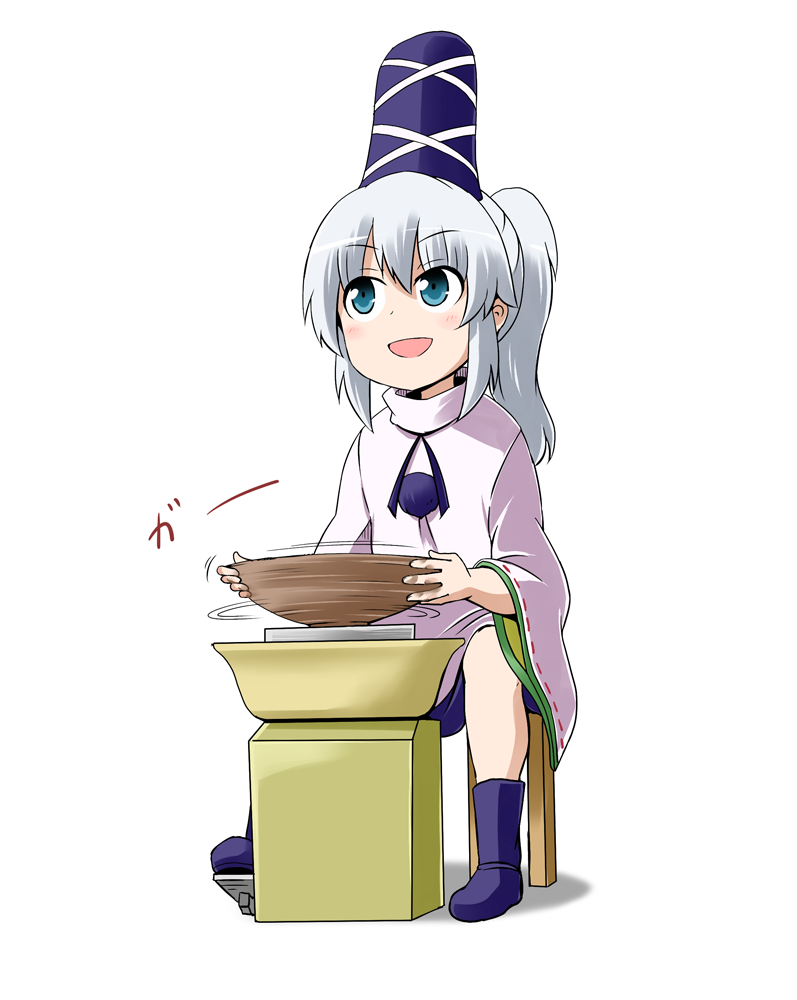 blue_eyes bowl commentary_request hat hat_ribbon kousei_(public_planet) long_hair long_sleeves mononobe_no_futo open_mouth ponytail potters_wheel pottery ribbon shirt silver_hair sitting skirt smile solo stool touhou wide_sleeves