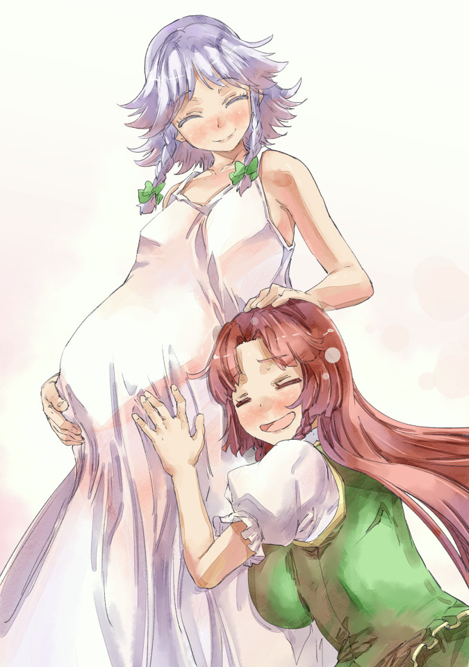 bare_shoulders blush braid breasts commentary_request dress hair_intakes hong_meiling hug izayoi_sakuya large_breasts long_hair multiple_girls no_hat no_headwear open_mouth petting pregnant red_hair short_hair silver_hair smile touhou twin_braids white_dress yohane yuri