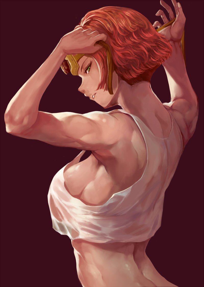 arched_back arms_up back bare_arms bare_shoulders breasts brown_background crop_top crop_top_overhang from_behind goggles goggles_on_head green_eyes half-closed_eyes koutetsujou_no_kabaneri large_breasts looking_at_viewer looking_back muscle muscular_female orange_hair parted_lips profile purple_background shiny shiny_skin short_hair sideboob simple_background solo tomboy tying upper_body very_short_hair vest whistlerx white_vest yukina_(kabaneri)