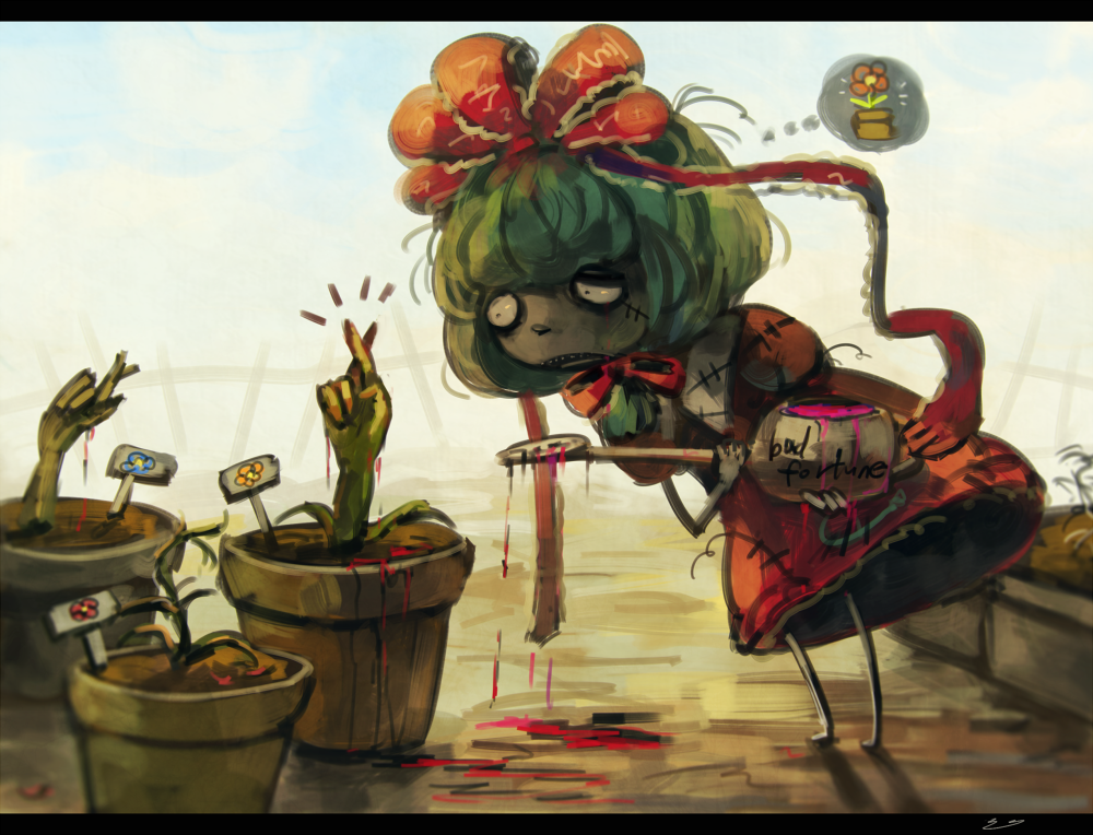 bent_over blood commentary front_ponytail green_hair hands kagiyama_hina koto_inari letterboxed plant pot scar short_hair solo thought_bubble touhou