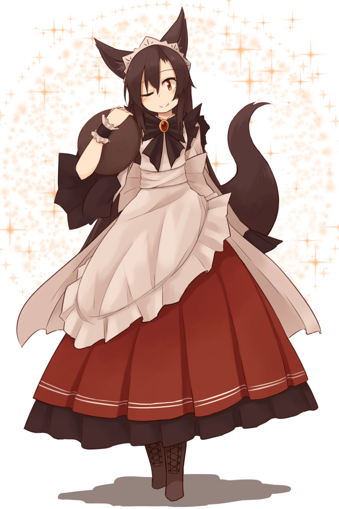 adapted_costume alternate_costume animal_ears apron blush boots brown_hair cross-laced_footwear dress enmaided fang full_body head_tilt imaizumi_kagerou kaginoni lace-up_boots long_hair long_sleeves looking_at_viewer maid maid_headdress one_eye_closed orange_eyes ribbon simple_background smile solo sparkle tail touhou tray white_background wide_sleeves wolf_ears wolf_tail wrist_cuffs