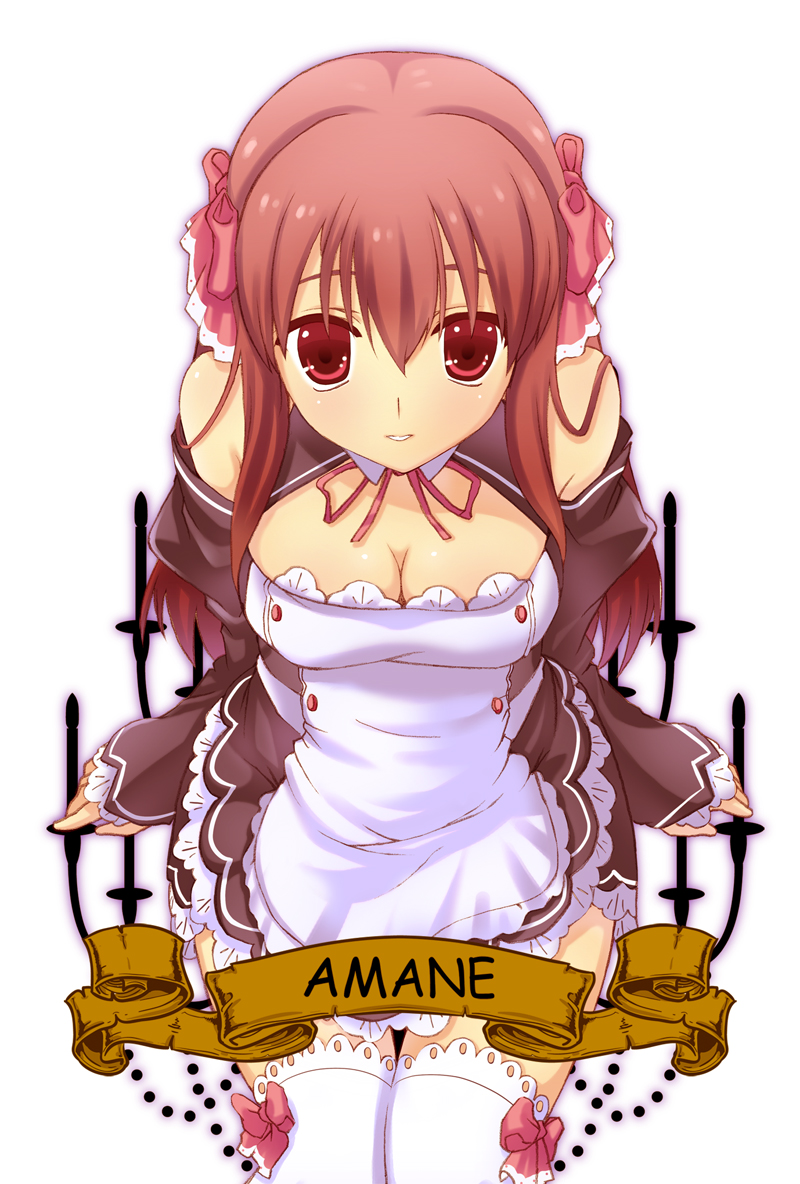 amane_(dream_c_club) bad_id bad_pixiv_id blush bow breasts cleavage comic_sans commentary_request detached_sleeves dream_c_club dream_c_club_(series) from_above hair_bow long_hair looking_at_viewer medium_breasts red_eyes red_hair sitting smile solo thigh_gap thighhighs tougetsu_hajime waitress white_legwear zettai_ryouiki
