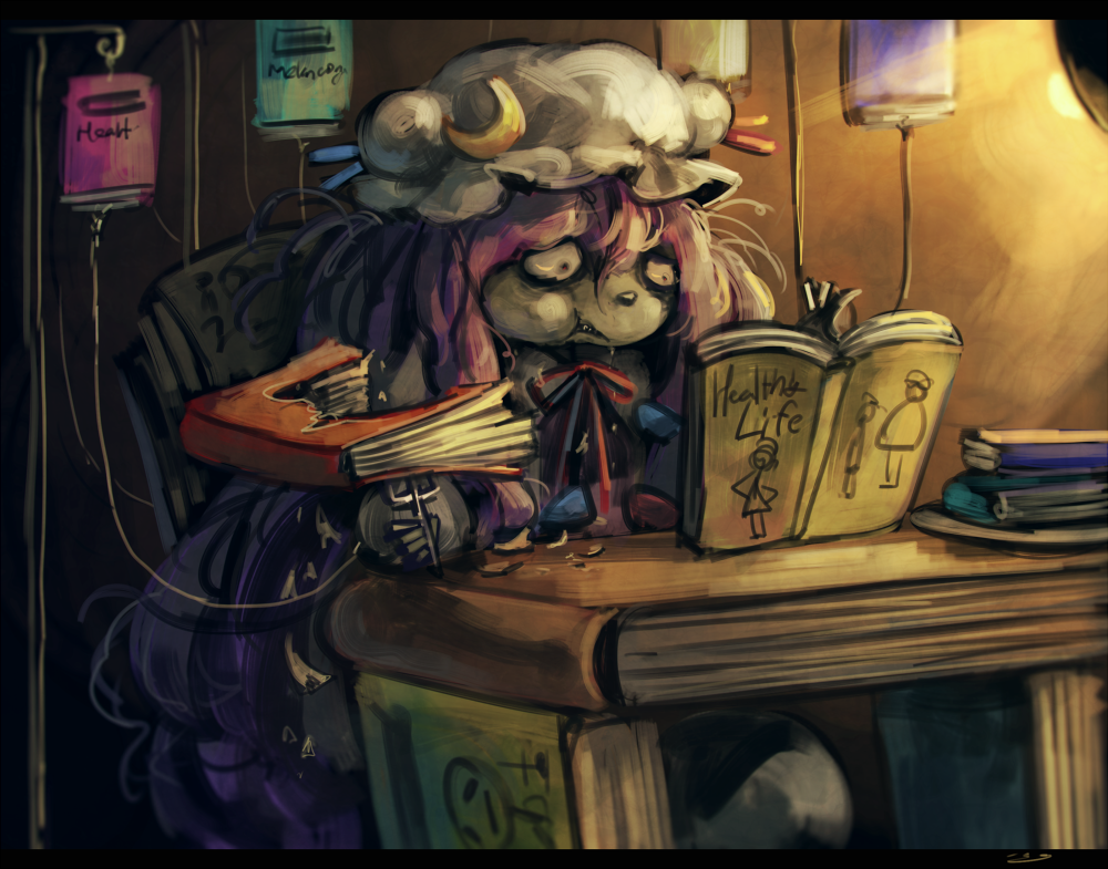 book commentary crescent crescent_hair_ornament dress eating hair_ornament hat koto_inari letterboxed mob_cap patchouli_knowledge purple_hair solo striped striped_dress touhou