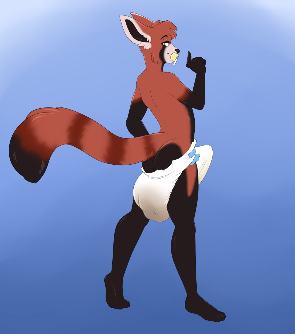 5_fingers ailurid anthro biped butt diaper digitigrade eyebrows eyelashes feces fur girly hair humanoid_hands looking_back male mammal maridiamarius messy_diaper pacifier rear_view red_panda scat soiling solo urine watersports wet_diaper wetting