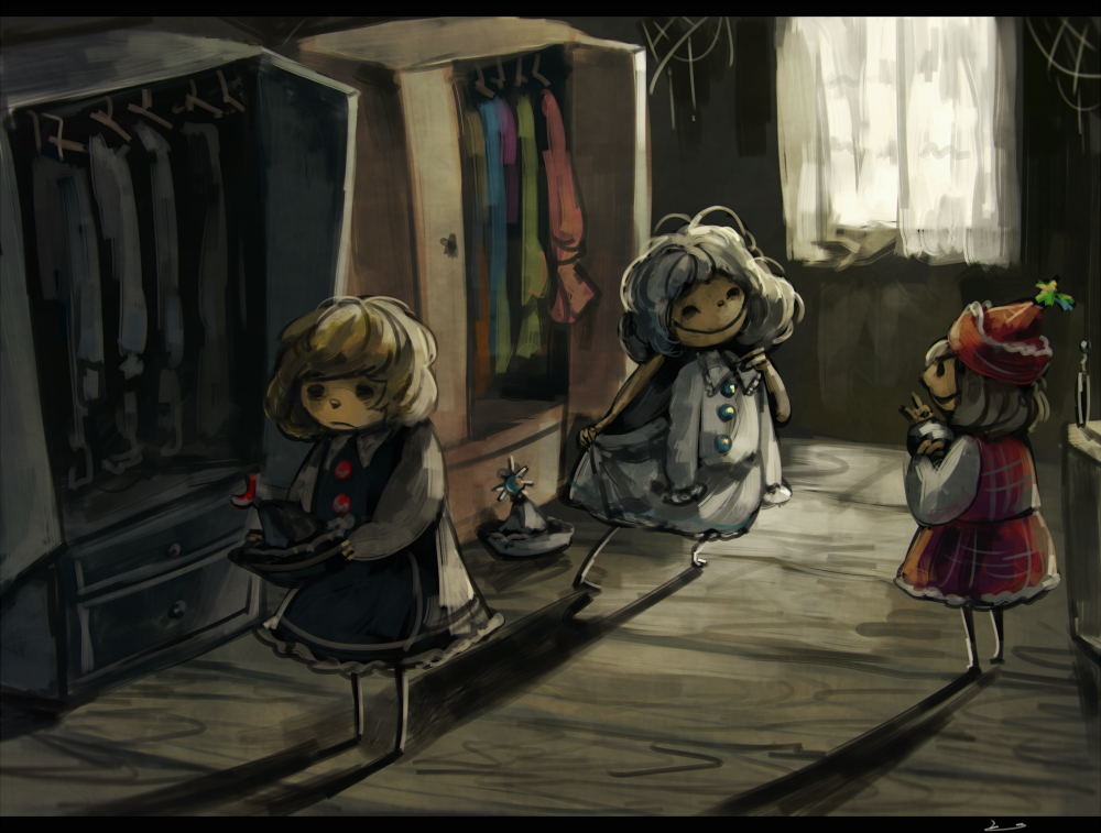 antenna_hair blonde_hair commentary curtains frown hat koto_inari letterboxed lunasa_prismriver lyrica_prismriver merlin_prismriver multiple_girls shadow silk skirt smile spider_web touhou wardrobe white_hair window