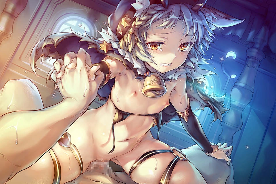 1girl arm_warmers bell braid cape censored christmas_rose_(flower_knight_girl) clenched_teeth flat_chest flower_knight_girl game_cg hat hetero holding_hands mosaic_censoring navel nipples official_art orange_eyes penis sex short_hair silver_hair solo_focus spread_legs straddling teeth upright_straddle vaginal wazakita