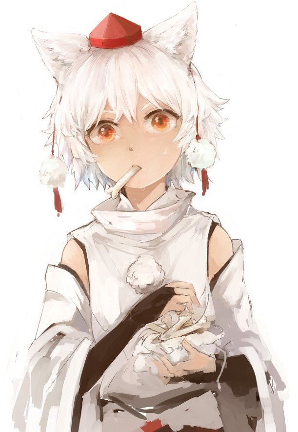 animal_ears bone detached_sleeves female hat inubashiri_momiji long_gloves rough short_hair simple_background solo sweat touhou wataichi_meko white_background white_hair wolf_ears