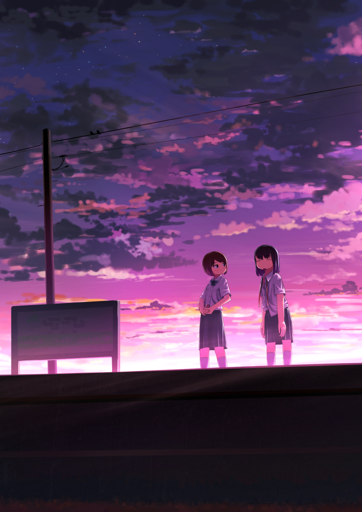 backlighting black_hair brown_hair can canned_coffee closed_eyes cloud commentary dark holding leaning_forward looking_at_another looking_to_the_side multiple_girls neck_ribbon original outdoors power_lines ribbon scenery school_uniform short_hair sign sky sleepy star_(sky) sunlight sunrise tabata_mihira telephone_pole train_station unbuttoned untied