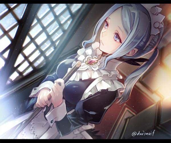 apron artist_name blue_eyes blue_hair breasts broom dutch_angle fire_emblem fire_emblem_if flora_(fire_emblem_if) image_sample letterboxed long_hair looking_afar maid maid_apron maid_headdress medium_breasts miyuki_ruria snowing solo twintails twitter_sample window
