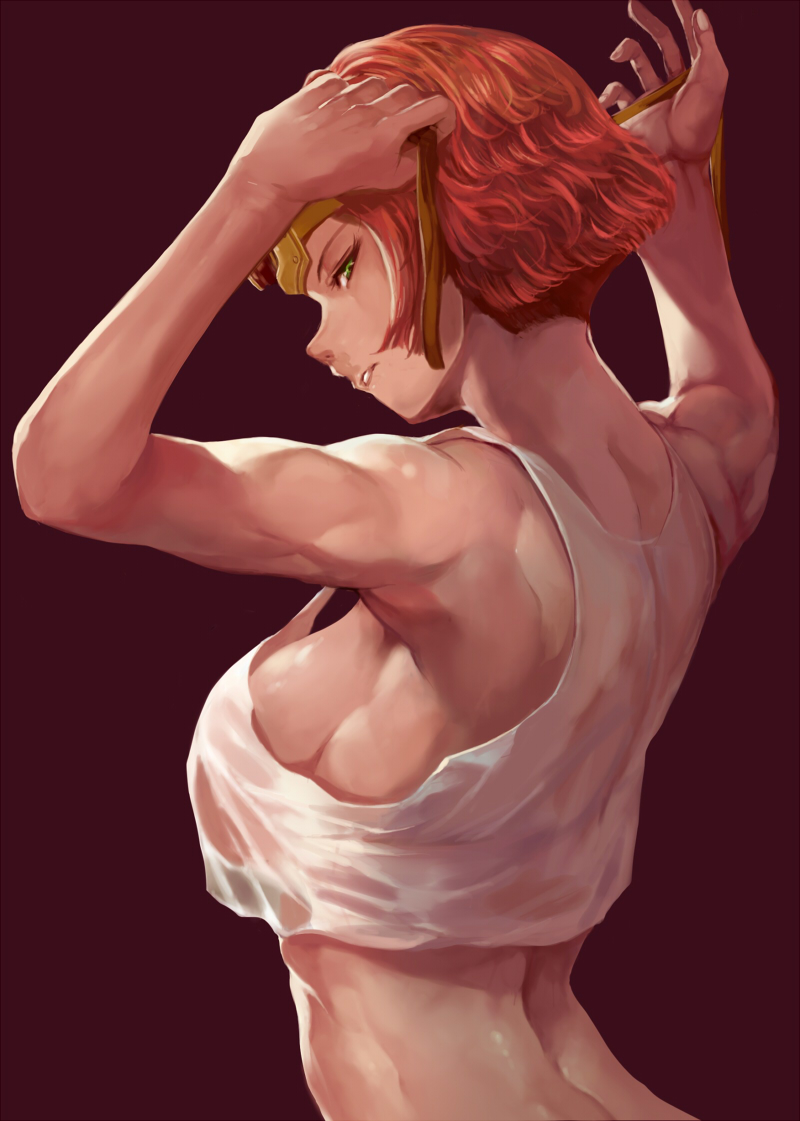 arched_back arms_up back bare_arms bare_shoulders breasts brown_background crop_top crop_top_overhang from_behind goggles goggles_on_head green_eyes half-closed_eyes koutetsujou_no_kabaneri large_breasts looking_at_viewer looking_back muscle muscular_female orange_hair parted_lips profile purple_background revision shiny shiny_skin short_hair sideboob simple_background solo tomboy tying upper_body very_short_hair vest whistlerx white_vest yukina_(kabaneri)