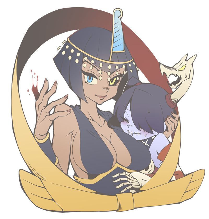 black_hair black_sclera blood blue_eyes blush breasts cleavage closed_eyes commentary dark_skin eliza_(skullgirls) heterochromia large_breasts leviathan_(skullgirls) looking_at_viewer multiple_girls ori_(yellow_duckling) skullgirls smile squigly_(skullgirls) stitched_mouth stitches sweat transparent_background yellow_eyes