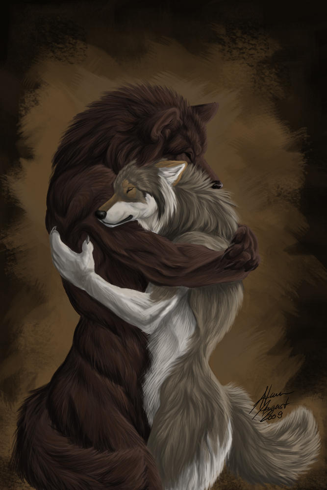 anthro atan canine female fur hug love male mammal muscular romantic_couple were werewolf wolf