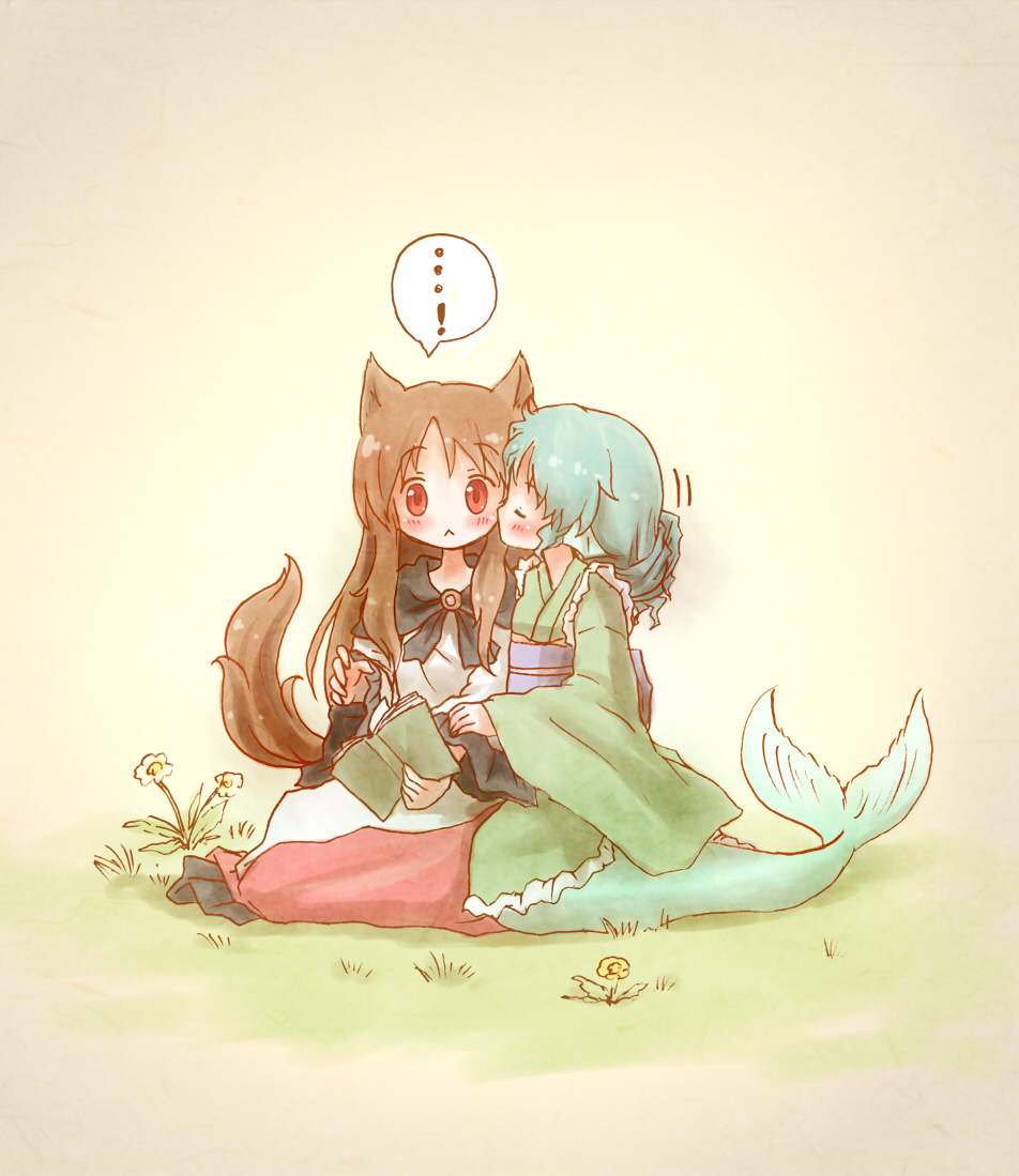 2girls :&lt; animal_ears arinu blue_hair book brooch brown_hair cheek_kiss closed_eyes commentary drill_hair head_fins imaizumi_kagerou japanese_clothes jewelry kimono kiss long_sleeves mermaid monster_girl multiple_girls obi open_book red_eyes sash shirt sitting skirt spoken_exclamation_mark tail touhou wakasagihime wide_sleeves wolf_ears wolf_tail yuri