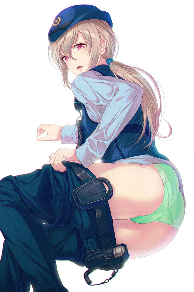 40hara :d ass belt belt_pouch blonde_hair blue_hat blue_pants blue_shirt blue_vest chromatic_aberration denim eyebrows eyebrows_visible_through_hair female_service_cap from_behind green_panties hair_between_eyes hat jeans lingerie long_hair long_sleeves looking_at_viewer looking_back low_ponytail open_mouth panties pants pants_pull pink_eyes pocket police police_hat police_uniform policewoman pouch shirt smile solo underwear uniform vest wire