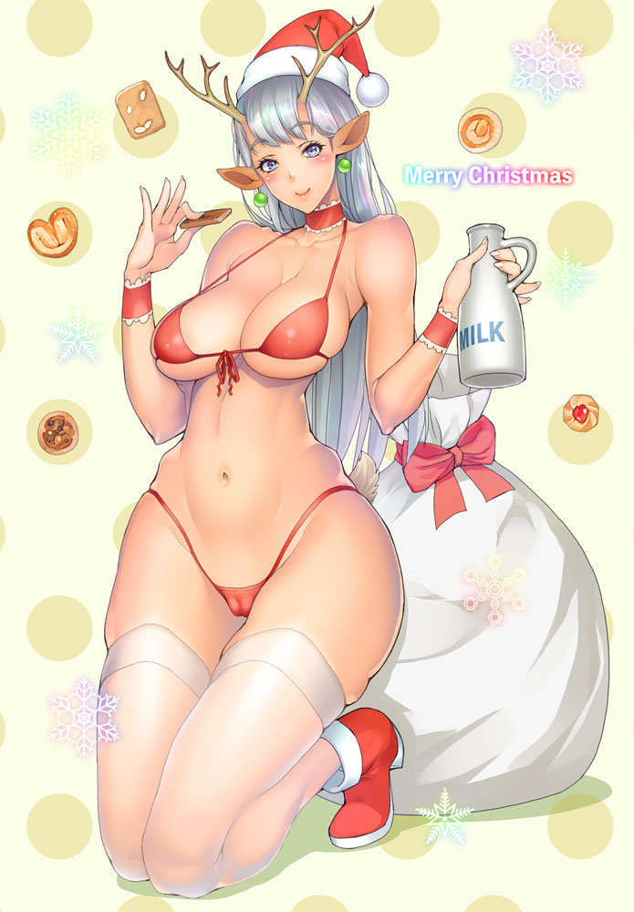 1girl animal_ears antlers asaki_takayuki bare_shoulders bikini blush breasts cameltoe cleavage cookie earrings food jar jewelry kneeling long_hair looking_at_viewer navel original red_bikini reindeer_antlers reindeer_ears sack silver_hair smile swimsuit thighhighs white_legwear