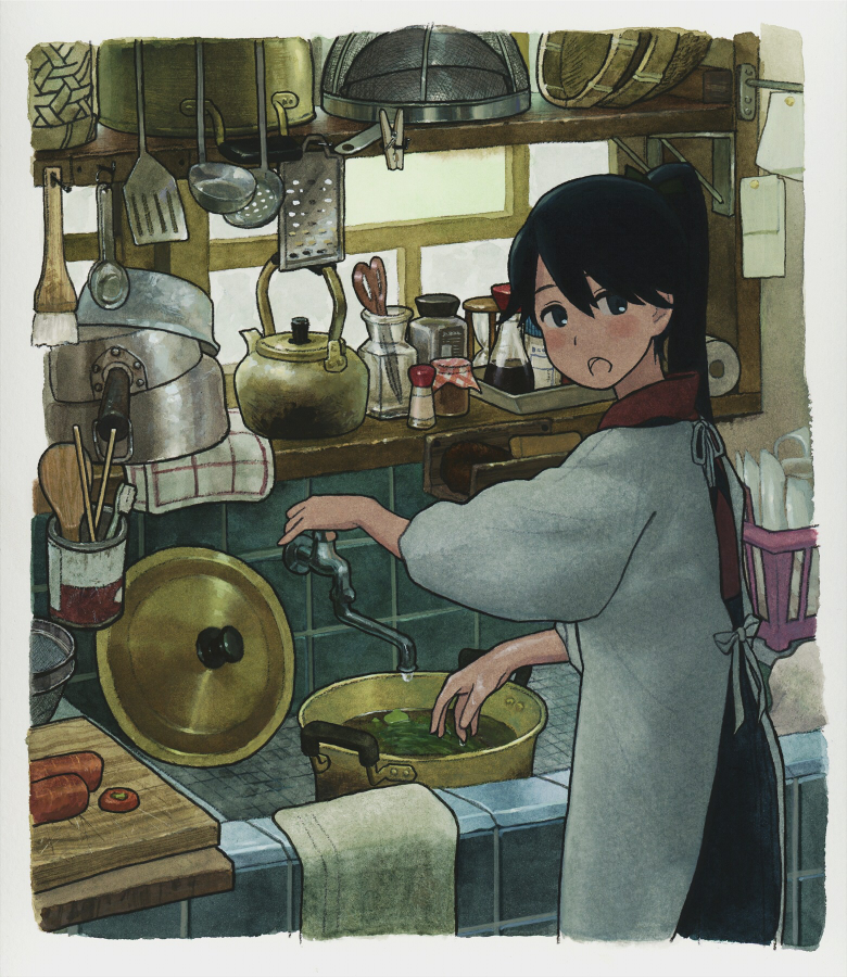 :o apron basket black_hair blue_eyes blush brush carrot cheese_grater chopsticks clothes_pin cooking cutting_board dishes faucet food from_behind glass_bottle houshou_(kantai_collection) indoors jar kantai_collection kappougi kettle kitchen ladle long_hair long_sleeves looking_at_viewer looking_back marmalade note open_mouth paper_towel ponytail pot salt_shaker scissors shelf shijukara_(great_tit) sieve sink solo soy_sauce spatula spoon tiles toothbrush towel traditional_media vegetable washing water watercolor_(medium) wet white_apron