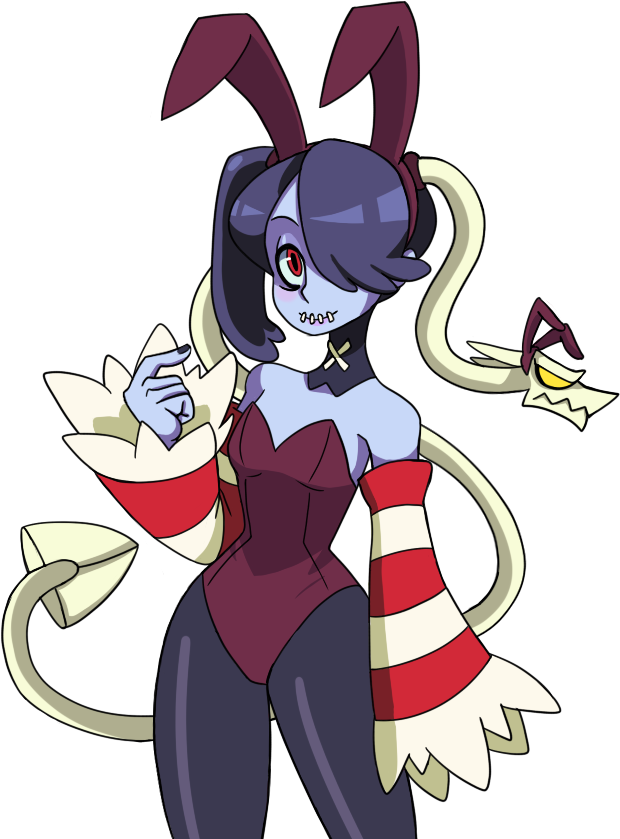 bare_shoulders blue_skin bunny_ears bunnysuit detached_collar detached_sleeves female hair_over_one_eye leviathan_(skullgirls) red_eyes side_ponytail skullgirls squigly_(skullgirls) stitched_mouth stitches zombie