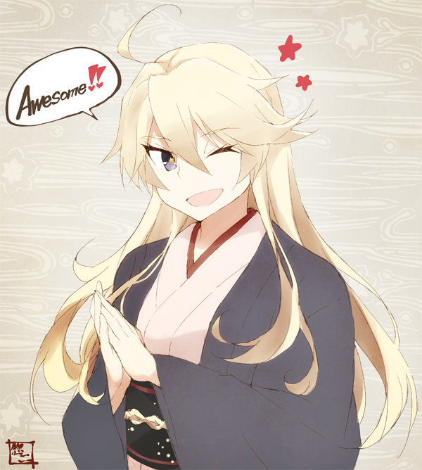 ahoge bad_id bad_twitter_id blonde_hair blue_eyes english hair_between_eyes hands_together iowa_(kantai_collection) japanese_clothes kantai_collection kimono long_hair one_eye_closed smile solo souji star