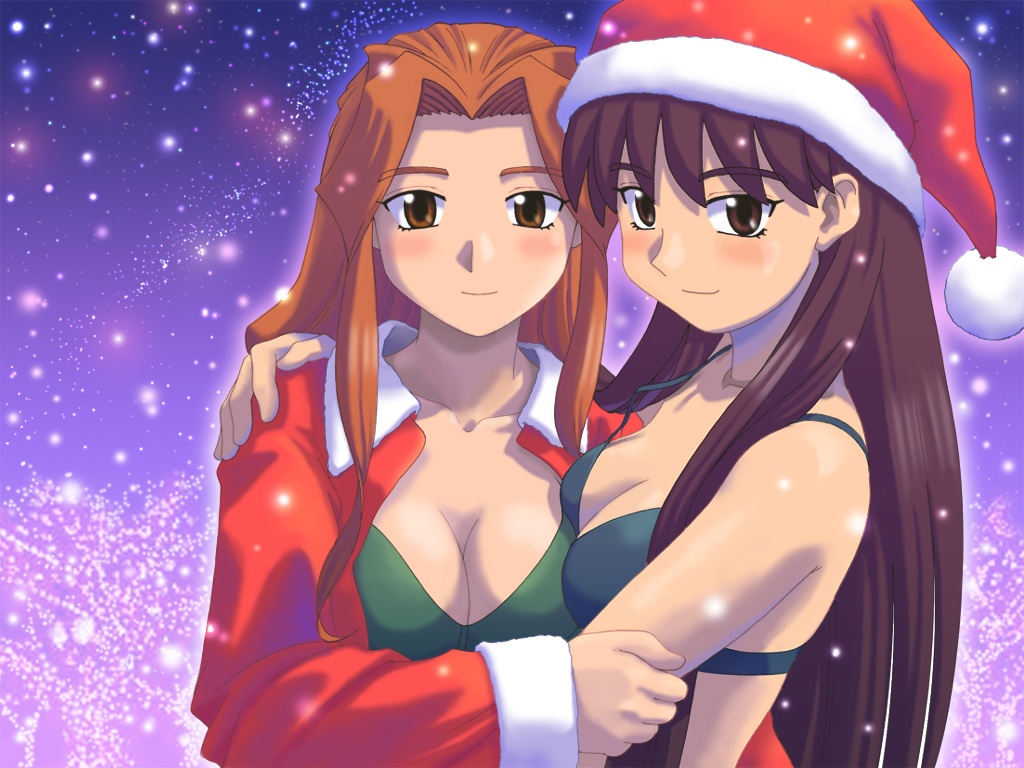 artist_request blush breasts brown_eyes brown_hair christmas cleavage dual!_parallel_trouble_adventure hat large_breasts multiple_girls rara_mitsuki sanada_mitsuki santa_hat wallpaper