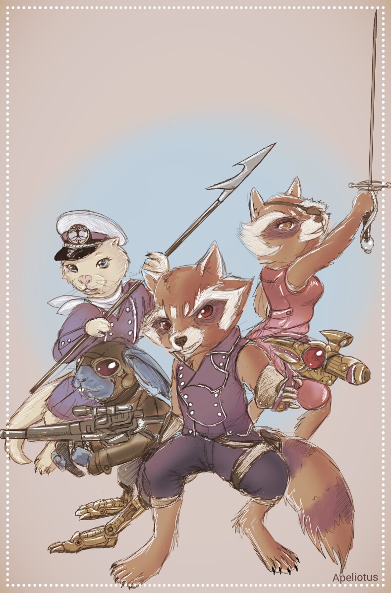 action_pose anthro apeliotus blackjack_o'hare blue_eyes breasts brown_eyes captain_sale clothed clothing digitigrade eye_patch eyewear female goggles group guardians_of_the_galaxy gun harpoon hat lagomorph looking_at_viewer lylla male mammal marvel melee_weapon mustelid otter polearm prosthetic rabbit raccoon ranged_weapon rapier ray_gun rifle rocket_raccoon scarf sniper_rifle spear steampunk sword weapon