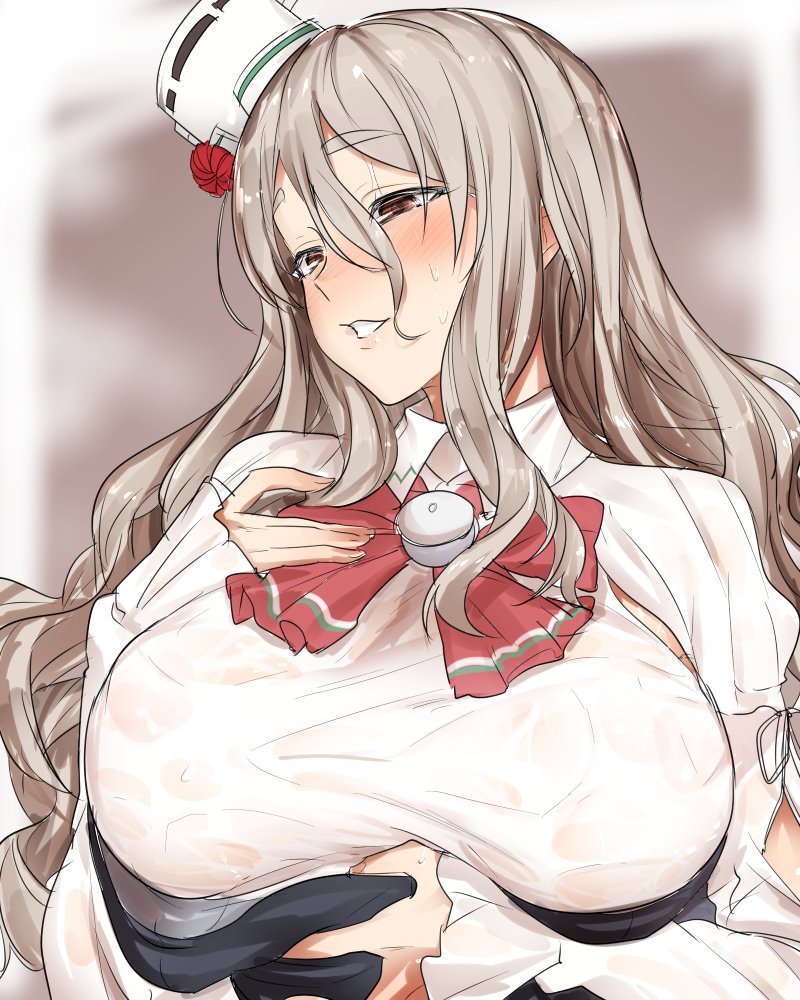 blush breasts brown_eyes commentary_request grey_hair hair_between_eyes half-closed_eyes hat kantai_collection large_breasts long_hair long_sleeves mini_hat pola_(kantai_collection) solo sweat tilted_headwear wavy_hair wet wet_clothes yakitomeito