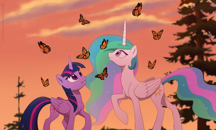 akeahi arthropod butterfly duo equine female friendship_is_magic hair horn insect mammal multicolored_hair my_little_pony nude outside pink_eyes princess_celestia_(mlp) purple_eyes sky twilight_sparkle_(mlp) winged_unicorn wings