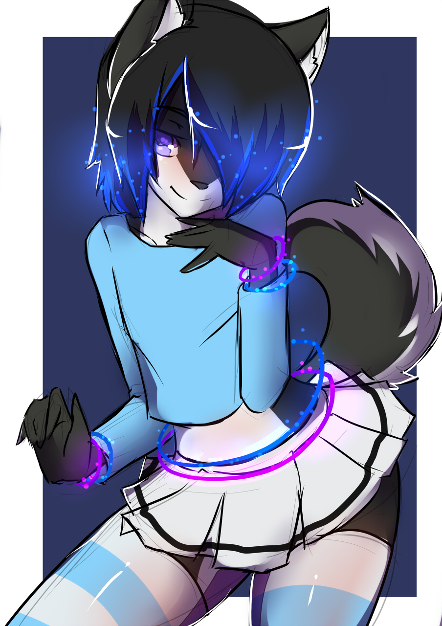 anthro black_hair canine clothed clothing crossdressing hair hair_over_eye male mammal naomy simple_background smile solo wolf
