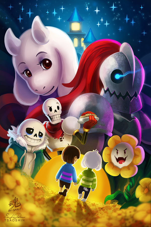 animated_skeleton anthro armor asriel_dreemurr barefoot blue_eyes bone boss_monster brown_eyes caprine castle clothed clothing collaboration fangs female flora_fauna flower flowey_the_flower food fur glowing glowing_eyes group hand_holding horn long_ears looking_at_viewer male mammal papyrus_(undertale) pasta plant plate protagonist_(undertale) rear_view ry-spirit sans_(undertale) scarf short_tail skeleton smile spaghetti sweater toriel tsaoshin undead undertale undyne video_games walking white_fur
