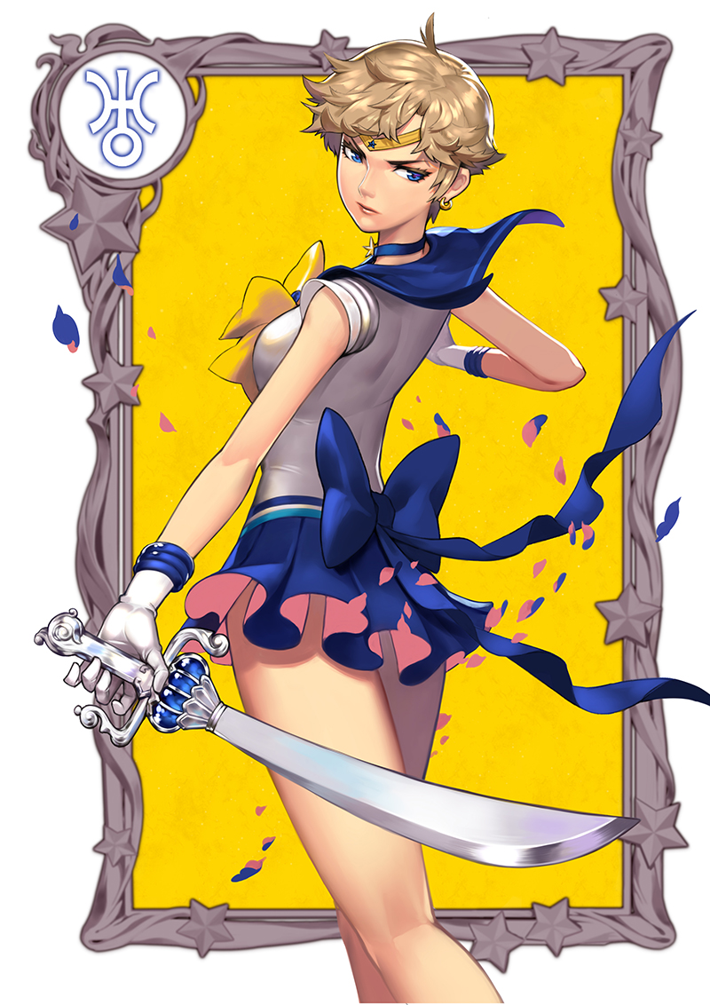 ahoge bishoujo_senshi_sailor_moon blonde_hair blue_choker blue_eyes blue_sailor_collar blue_skirt choker circlet crescent crescent_earrings earrings frame from_behind gloves holding holding_sword holding_weapon jewelry looking_back miniskirt petals ribbon sailor_collar sailor_senshi_uniform sailor_uranus short_hair skirt solo space_sword star sword ten'ou_haruka uranus_symbol very_short_hair weapon white_gloves yukiusagi1983