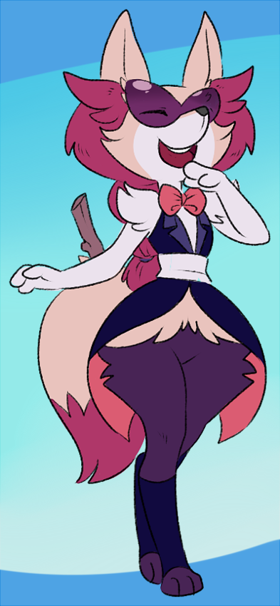 anthro barefoot black_fur black_nose bow_tie braixen canine clothed clothing cosplay crossover ear_tuft eyes_closed eyewear fluffy fluffy_tail fox fur glasses hair inner_ear_fluff laugh mammal naoren nintendo open_mouth paws pok&eacute;mon ponytail pose red_hair sardonyx_(steven_universe) smile solo standing steven_universe stick teeth tuft tuxedo video_games yellow_fur