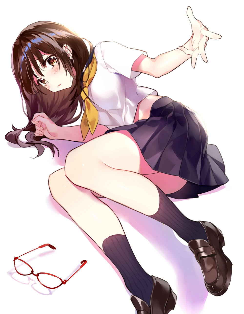 1girl arm_support backlighting bangs bloom blush breasts brown_eyes brown_hair eyewear_removed glasses hair_between_eyes highres knees_together_feet_apart loafers long_hair looking_at_viewer lying midriff neckerchief on_side original outstretched_arm parted_lips pleated_skirt reaching_out red-framed_eyewear ribbed_legwear school_uniform serafuku shiny shiny_skin shoes short_sleeves sidelocks simple_background skirt socks solo user_fvsd2278
