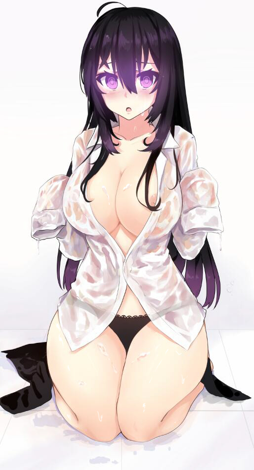 :o ahoge areola_slip areolae beifeng_han black_hair black_jacket black_panties blouse breasts checkered checkered_floor covered_nipples glowing glowing_eyes hair_between_eyes jacket jacket_removed large_breasts long_hair miyaura_sanshio nipple_slip nipples no_bra open_mouth original panties purple_eyes revision see-through seiza sitting sleeves_past_wrists solo unbuttoned underwear wavy_hair wet wet_clothes white_blouse